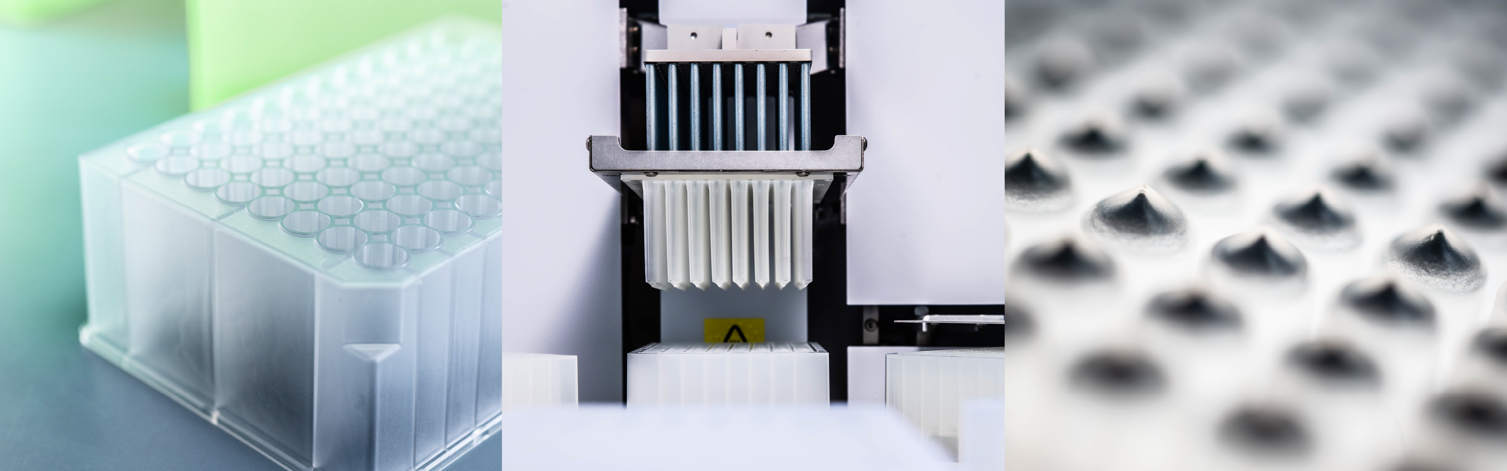 PureHT plate, Liquid handler and close up of magnetic beads