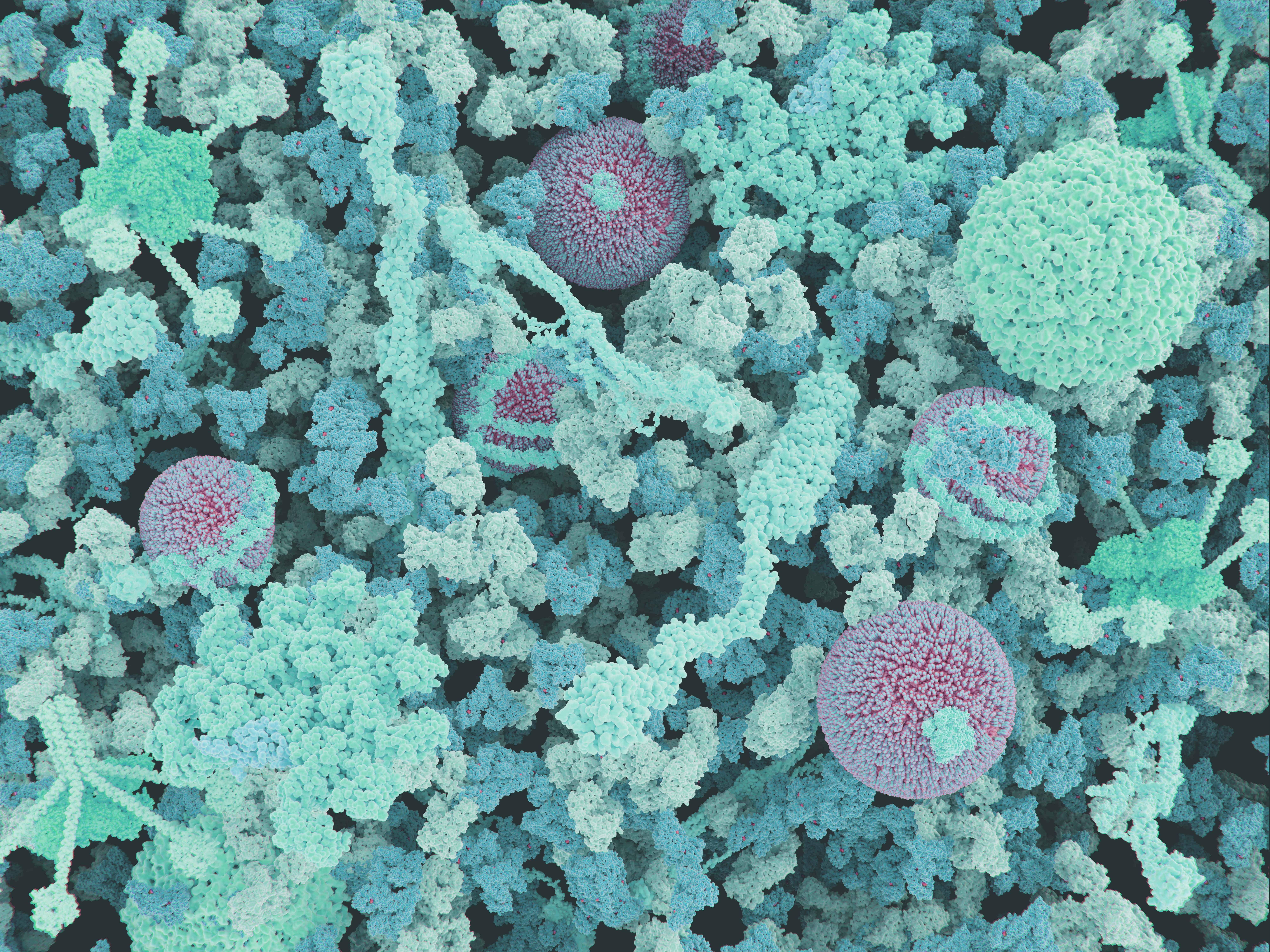 Blue-greenish illustration of many cellular proteins jumbled together